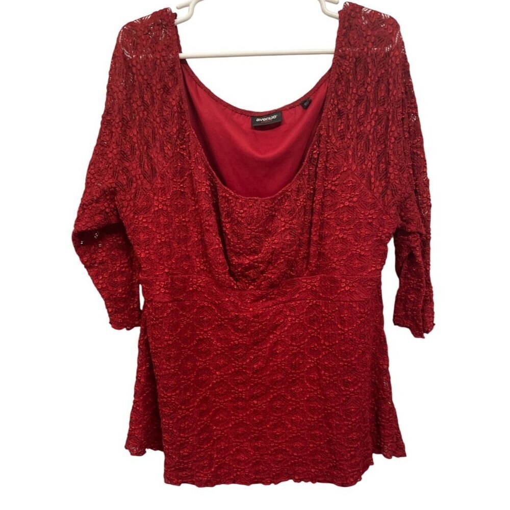 Avenue Stretch Red Lace Top Shirt  Size 18/20 Lined For Women‎ 3/4 sleeve
